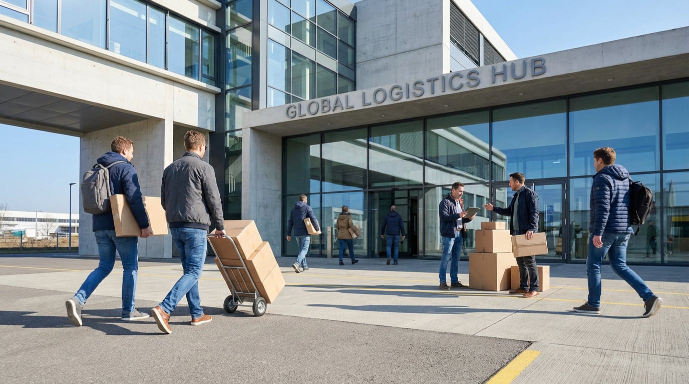 Des personnes transportent des colis devant le bâtiment 'Global Logistics Hub' ; certains utilisent un chariot, d'autres discutent.