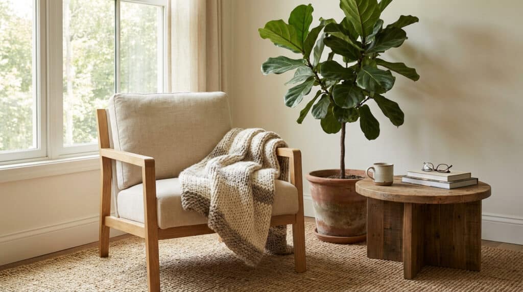 Un fauteuil en bois clair et tissu beige, couvert d'un plaid en maille, près d'une table basse en bois et d'une plante verte. Lumière naturelle par la fenêtre.