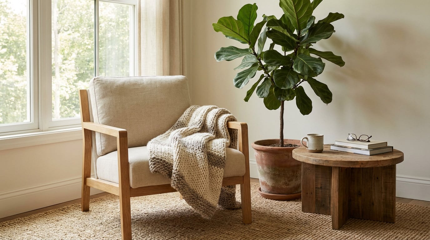 Un fauteuil en bois clair et tissu beige, couvert d'un plaid en maille, près d'une table basse en bois et d'une plante verte. Lumière naturelle par la fenêtre.