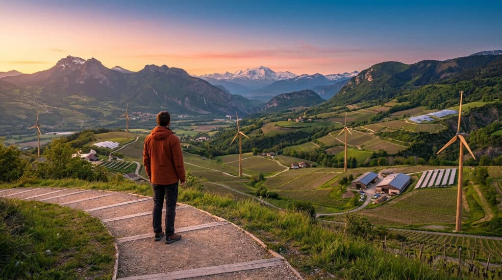 Un homme contemple un vaste paysage de montagnes et de vignobles, parsemé d'éoliennes et de panneaux solaires sous un ciel coloré.
