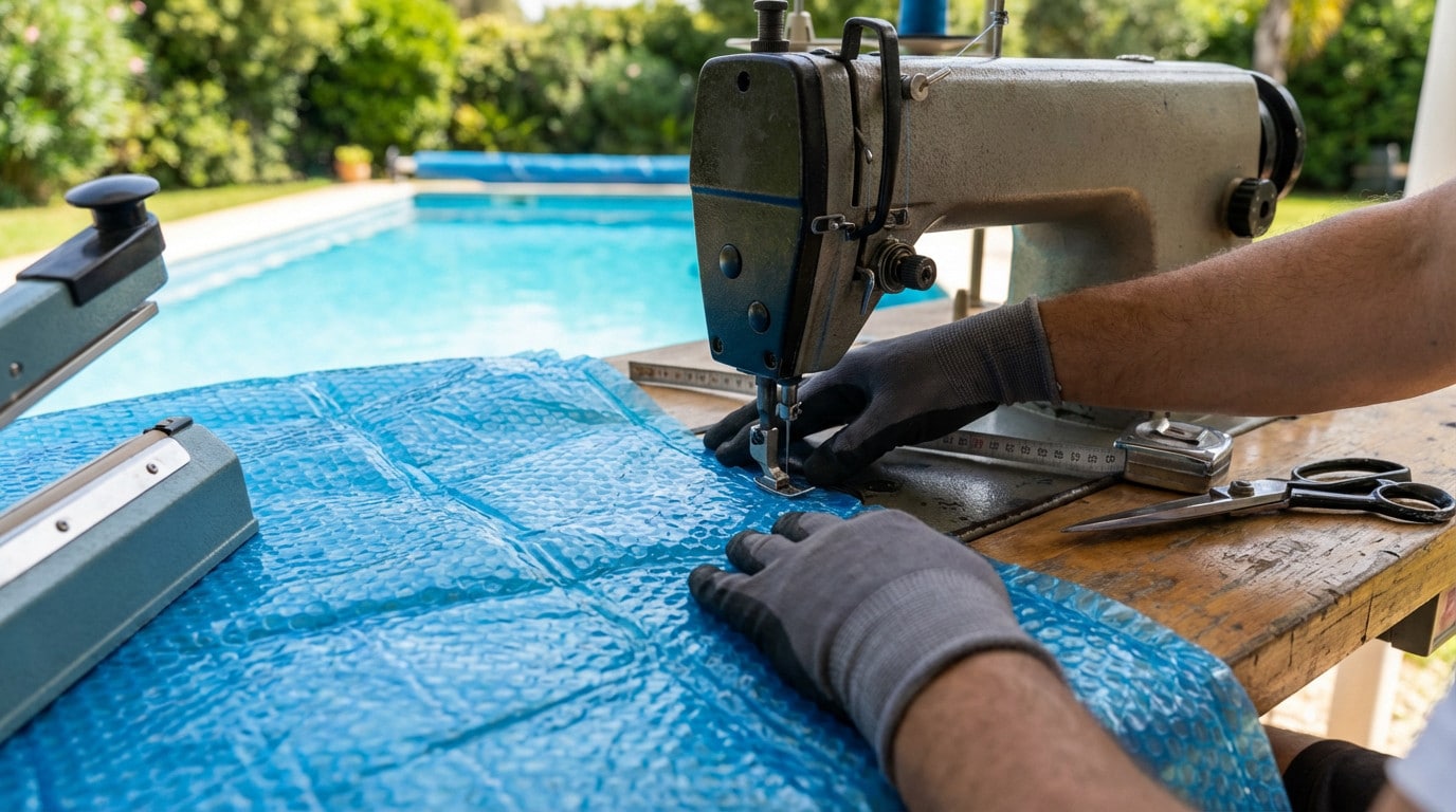 Gantées, des mains cousent une bâche à bulles bleue pour piscine sur une machine à coudre. Piscine et jardin en arrière-plan.