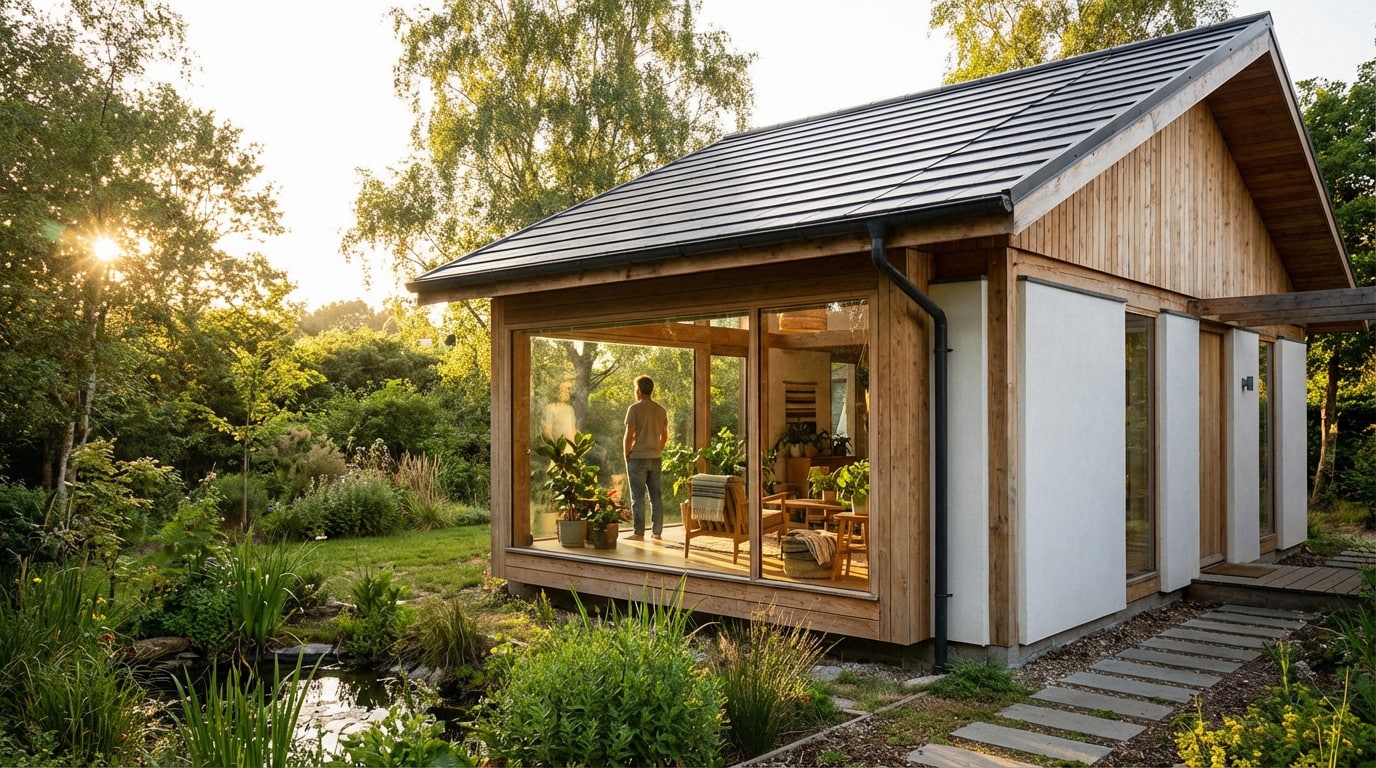 Maison en bois moderne avec grandes baies vitrées, toit sombre, entourée d'un jardin luxuriant et d'un étang, soleil rayonnant.