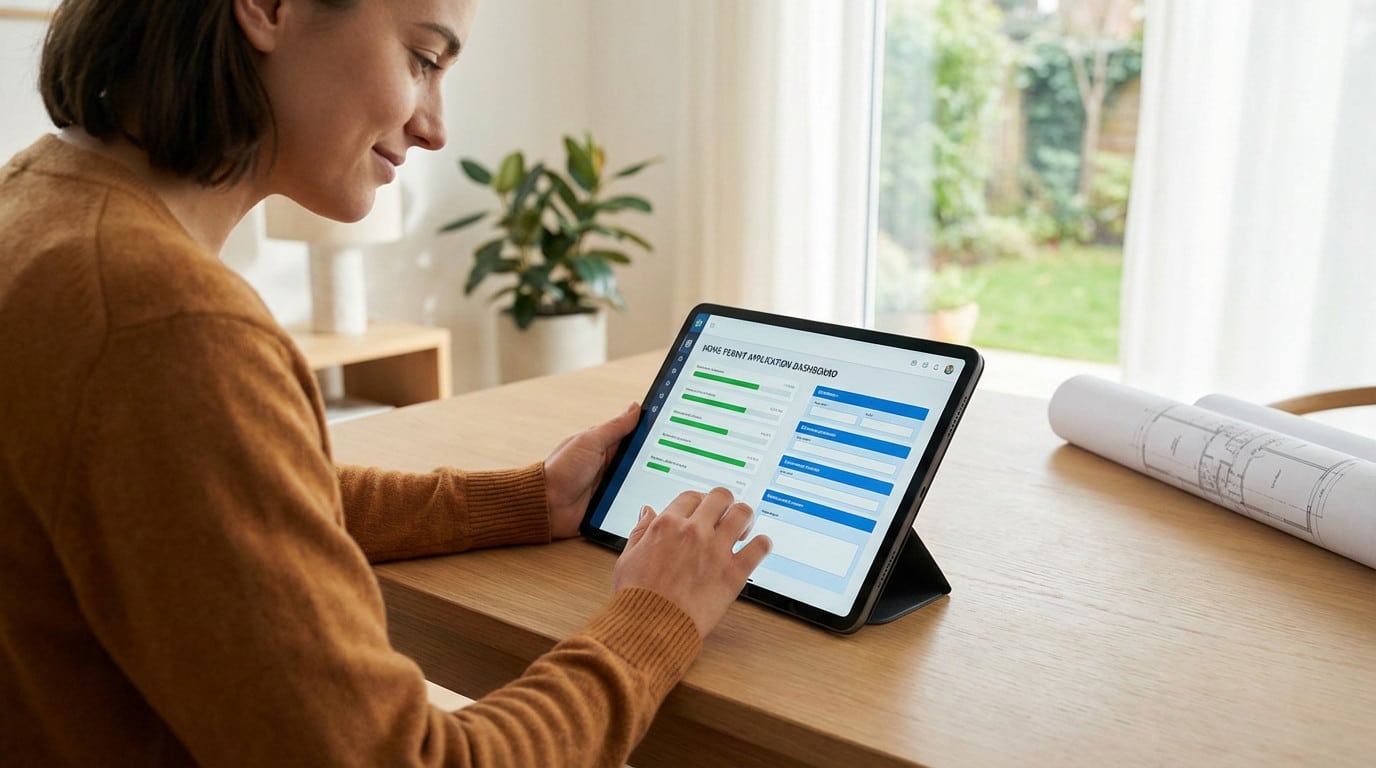 Femme souriante utilisant une tablette pour consulter un tableau de bord de demande de permis d'habitat. Des plans sont sur la table.