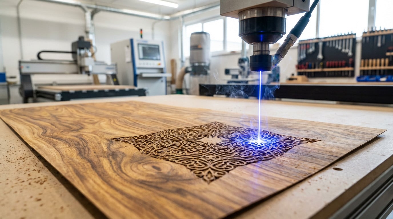 Gros plan sur un laser bleu gravant un motif complexe sur du placage bois veiné dans un atelier. Fumée s'échappant du point de gravure.
