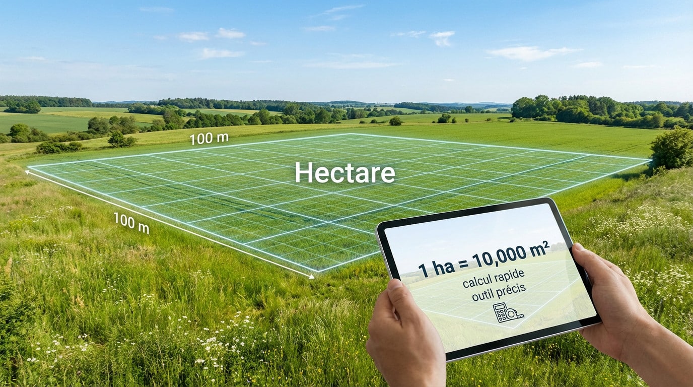 Illustration visuelle d'un hectare (100x100m) dans un champ verdoyant. Une tablette tenue en main affiche la conversion : 1 ha = 10 000 m².