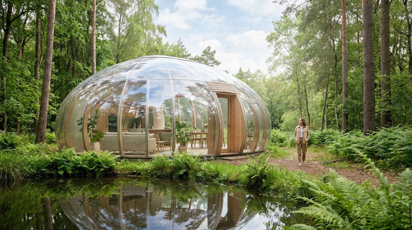 Grande maison bulle transparente meublée au bord d'un étang dans une forêt luxuriante. Une femme marche à côté.