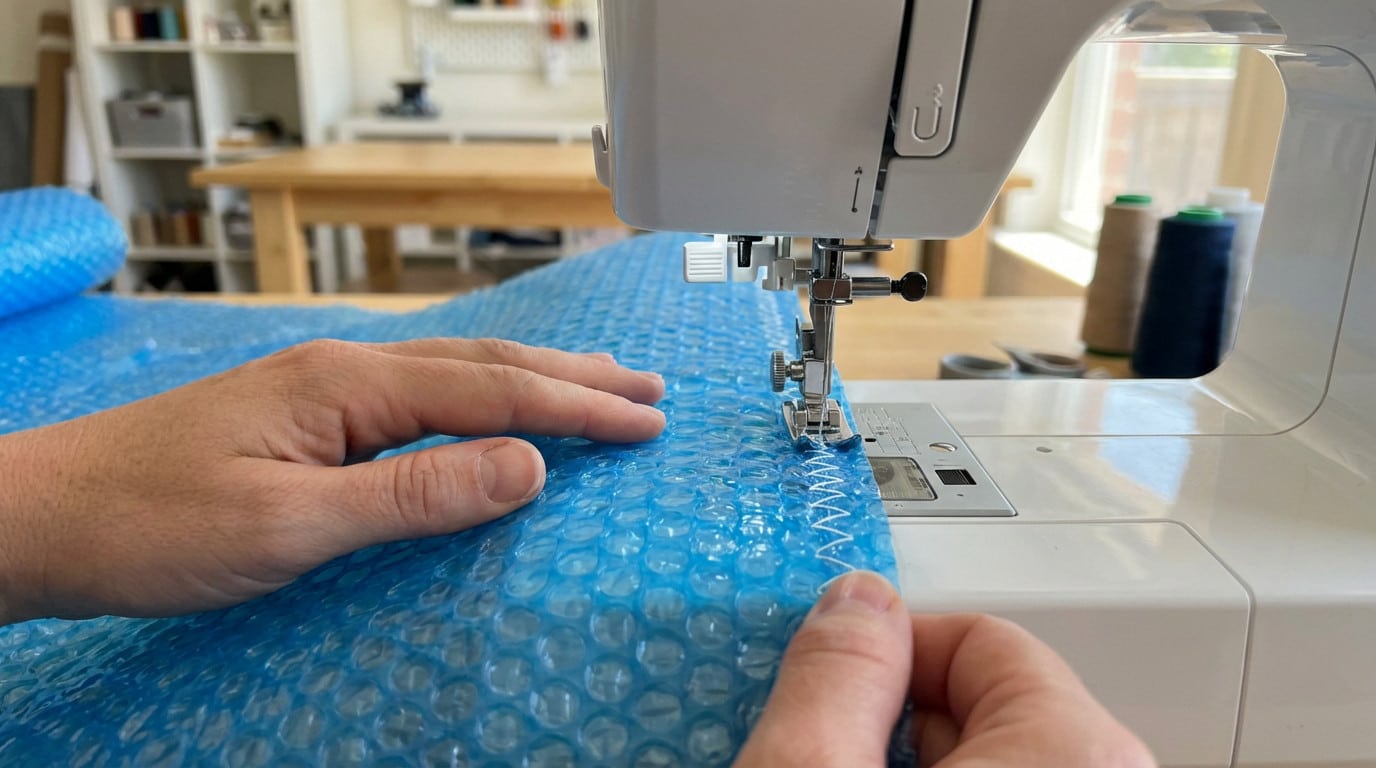 Mains guidant une bâche à bulles bleue sous une machine à coudre. Une couture en zigzag blanche est visible sur le bord.