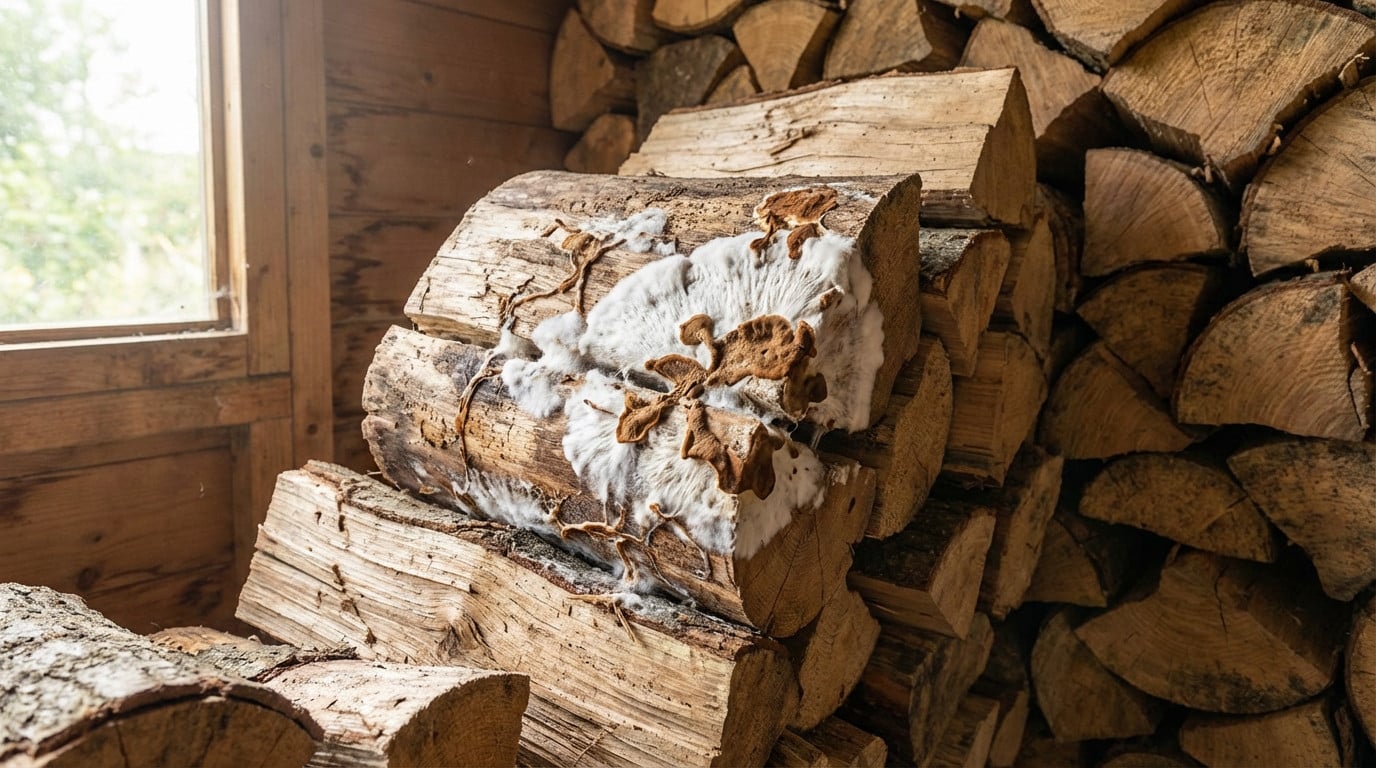 Gros plan sur un tas de bois de chauffage infecté par la mérule, montrant une croissance fongique blanche et brune.