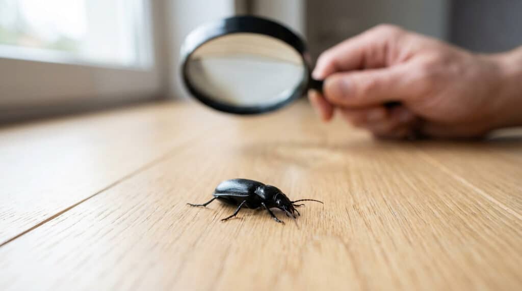 Une main tient une loupe au-dessus d'un petit insecte noir sur un plancher en bois près d'une fenêtre.
