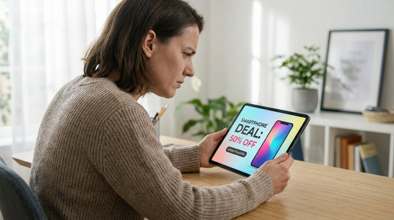 Femme examine une offre de smartphone à -50% sur tablette. Elle semble vérifier la fiabilité ou des avis en ligne.