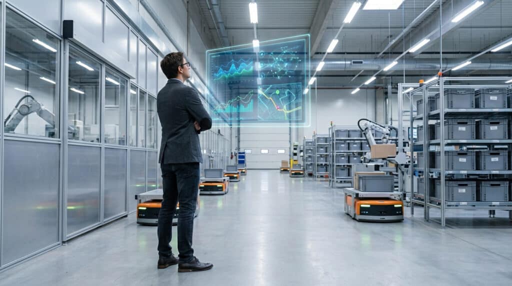 Un homme regarde un écran holographique de données dans une usine automatisée avec des robots mobiles et des étagères.