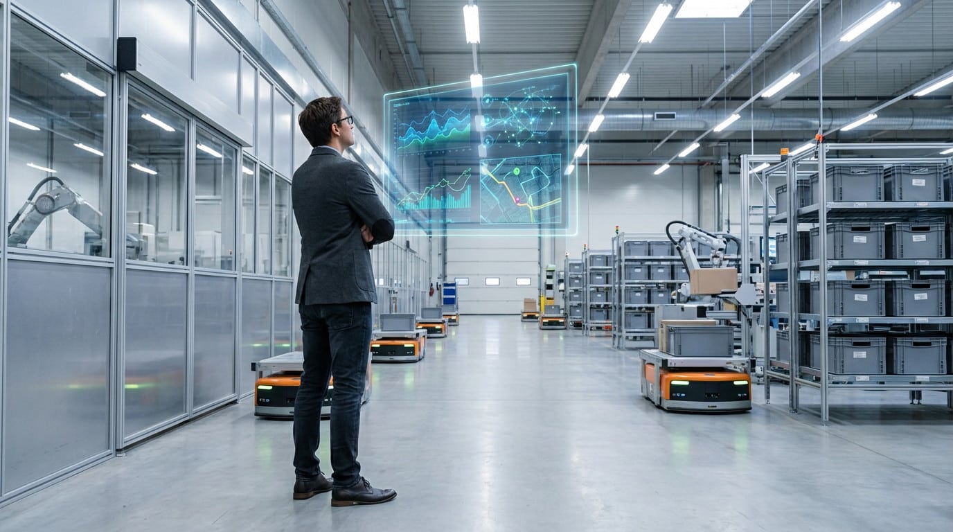 Un homme regarde un écran holographique de données dans une usine automatisée avec des robots mobiles et des étagères.