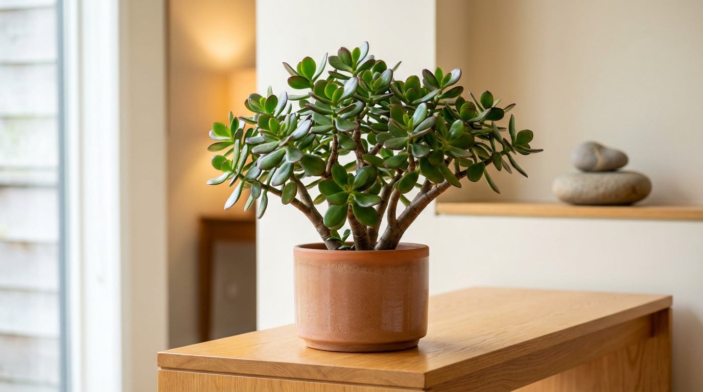 Image d'un arbre de jade (Crassula ovata) en pot sur une surface en bois. En arrière-plan, une fenêtre et des galets empilés.
