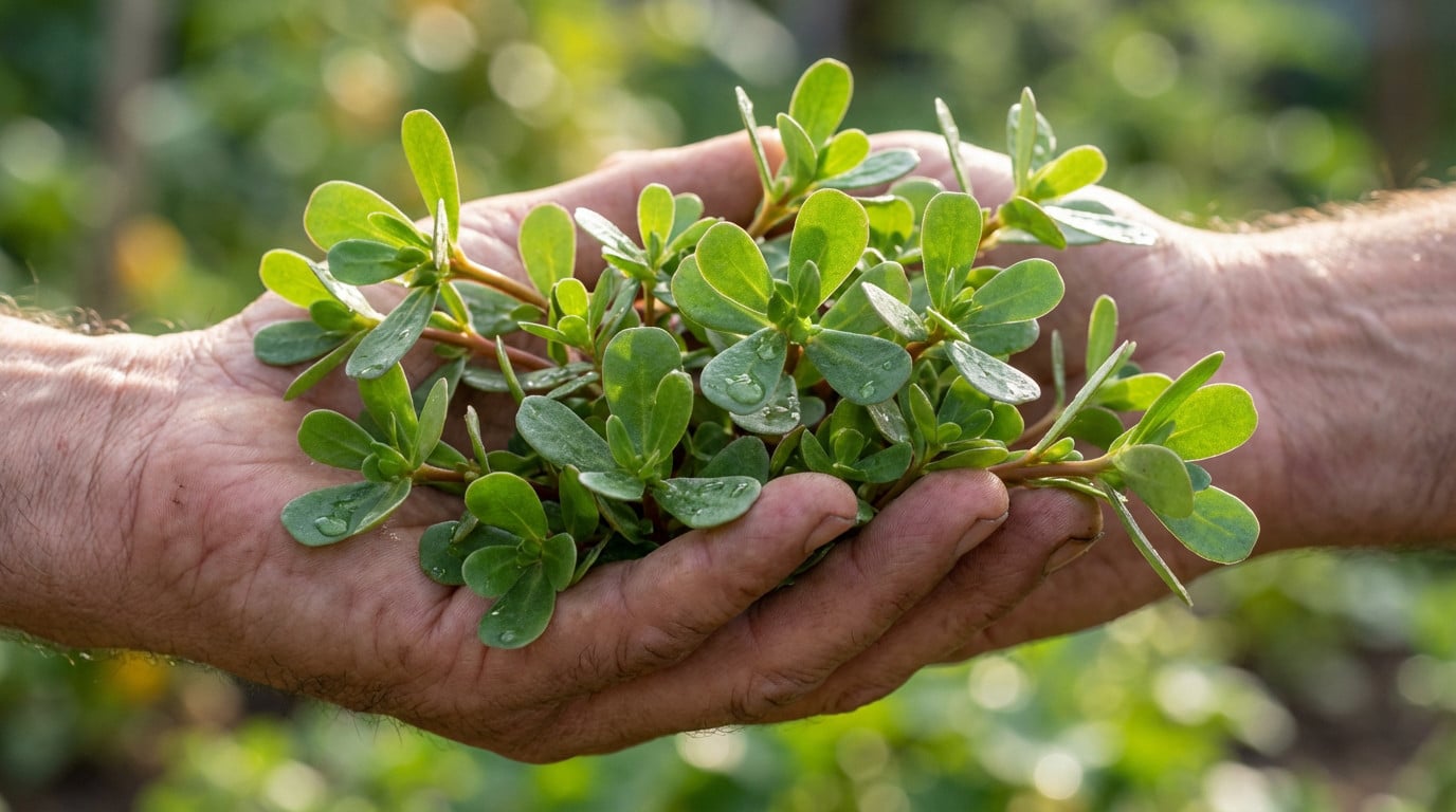Des mains tiennent une brassée de pourpier vert frais et succulent avec des gouttelettes d'eau, sur fond de verdure floue.