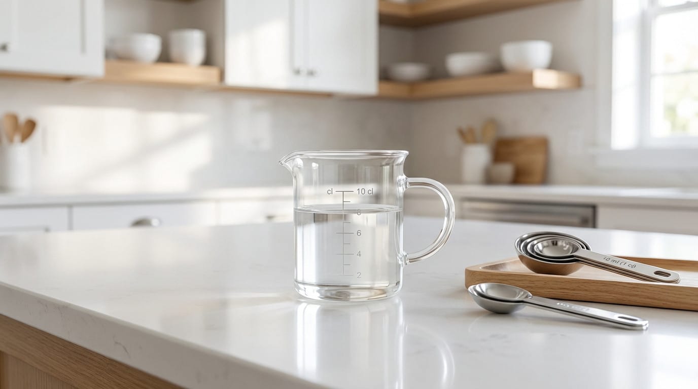 Pichet mesureur en verre gradué à 10 cl d'eau sur un comptoir de cuisine moderne. Des cuillères à mesurer sont à côté.