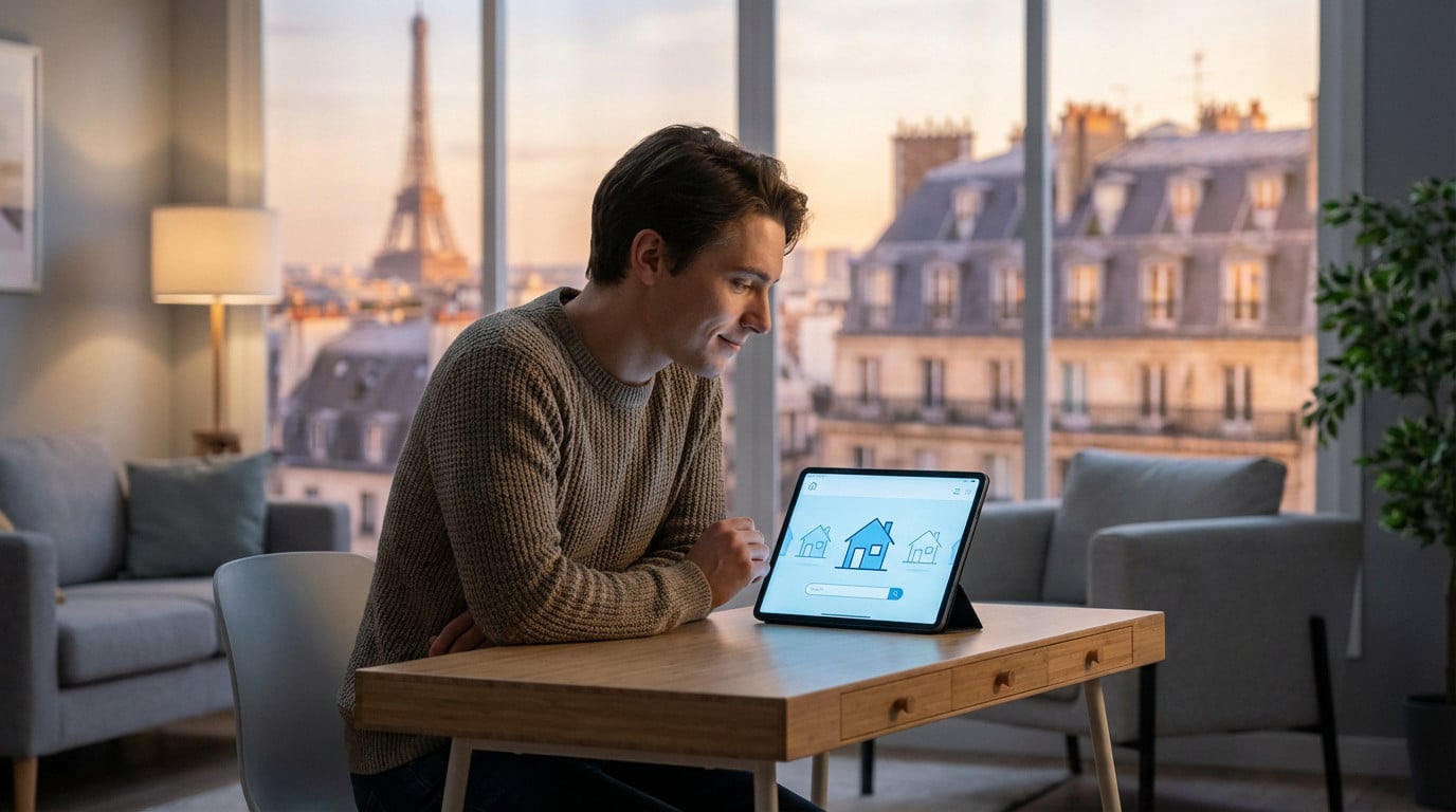 Un homme sourit en consultant une tablette avec des icônes de maisons, dans un appartement moderne avec vue sur la Tour Eiffel au coucher du soleil.