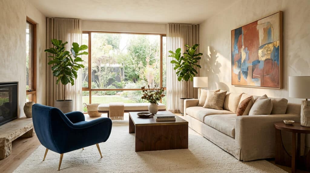 Salon contemporain et lumineux, avec canapé beige, fauteuil velours bleu, table basse bois et grandes baies vitrées sur jardin.