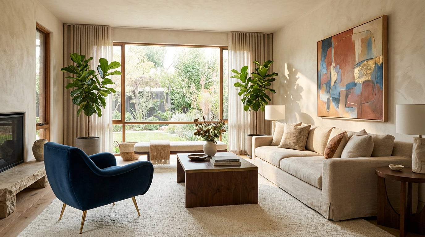 Salon contemporain et lumineux, avec canapé beige, fauteuil velours bleu, table basse bois et grandes baies vitrées sur jardin.