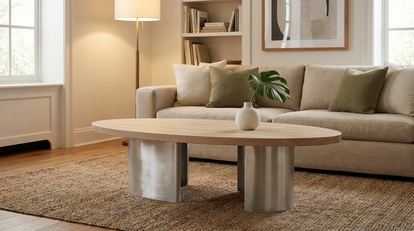Table basse ovale en bois clair avec pieds en métal brossé dans un salon moderne aux tons neutres, avec canapé beige et tapis naturel.