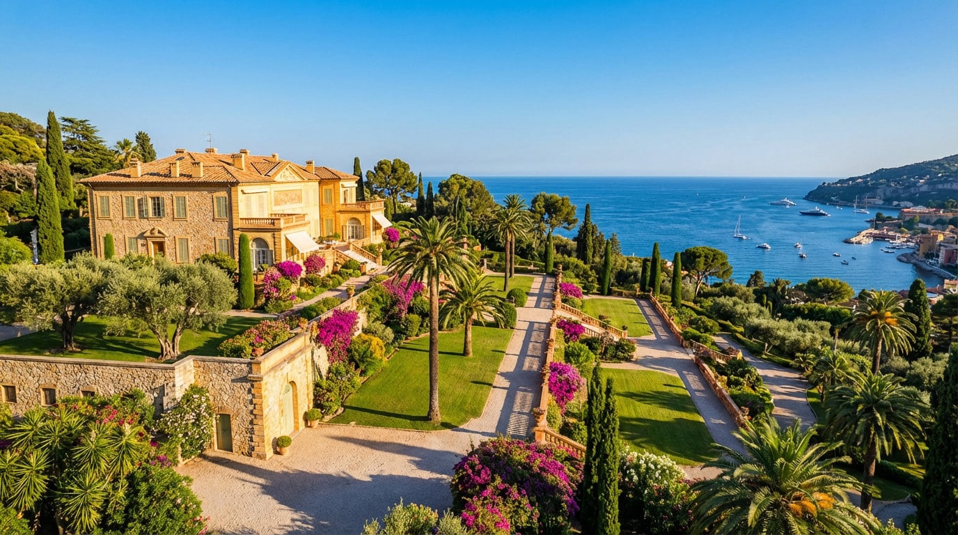 Vue aérienne de la Villa Leopolda, grande bâtisse jaune, avec ses jardins en terrasses fleuris surplombant la mer Méditerranée.